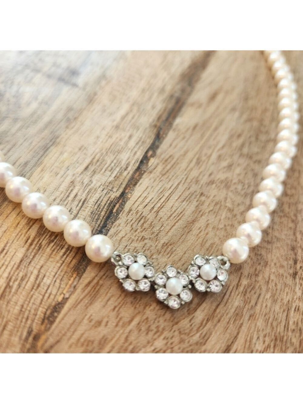 FAUX PEARL NECKLACE WITH 3 CLEAR R/S FLOWER CLUSTERS - 3 for $15 or $10/e